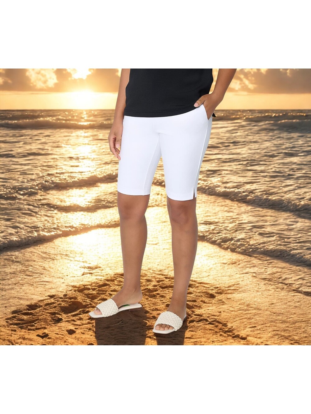 Belle by Kim Gravel Petite Ponte Hollywood Waist Bermuda Short WHITE Size 12P